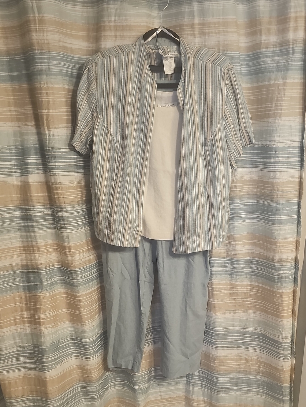 Miss Dorby Vintage 3 Piece Linen Blend Women's Petite Top/Shirt/ Pants Set